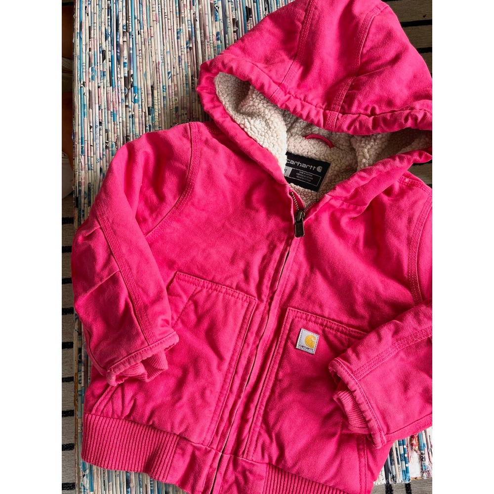 Carhartt Kids Pink Sherpa Lined Hooded Active Jacket 3T Cotton Duck Coat